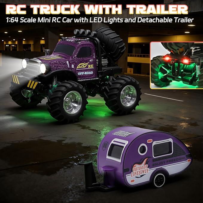Snugzy Mini RC Car 1:64 Scale RC Truck for Kids with Trailer 2.4Ghz Remote Control Rechargeable RC Cars Toy Gifts for Boys Girls Adult (Purple)