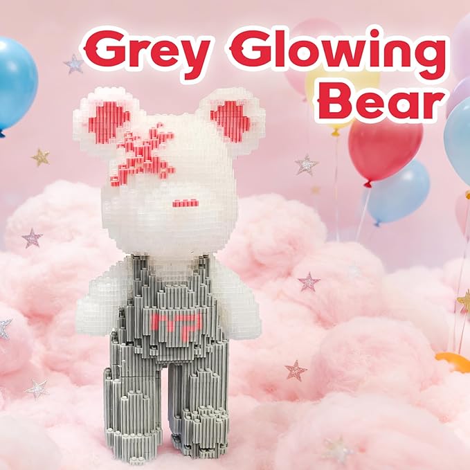 Gray Glowing Bear Building Blocks (2850 PCS) 3D Micro Animal DIY Bear Building Blocks for Adults &amp Teenager Creative Toys Ideal Gift for Family &amp Friends
