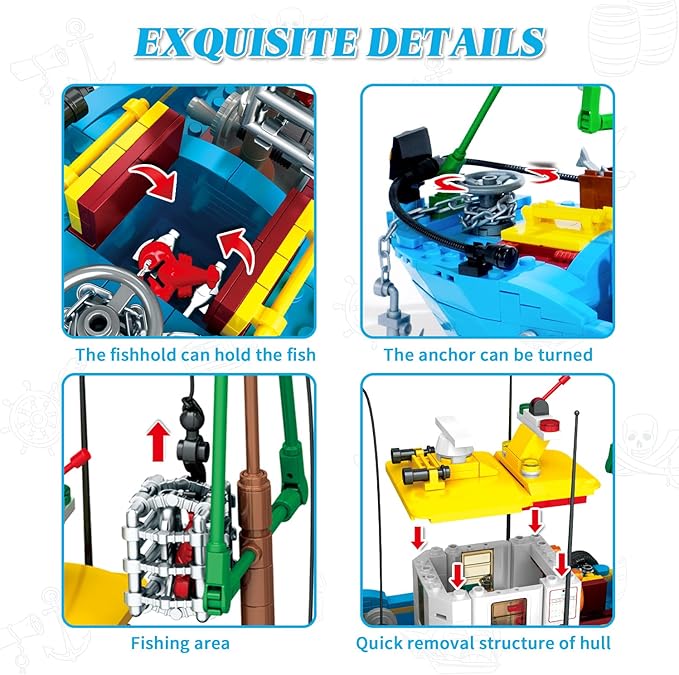 Fishing Boat Building Blocks Sets Pirate Ship Sea Fishing Building Block Toy Set Collection Show Creative Gifts Toys for Boys and Girl Ages 6-12 Years Old and up 645 PCS