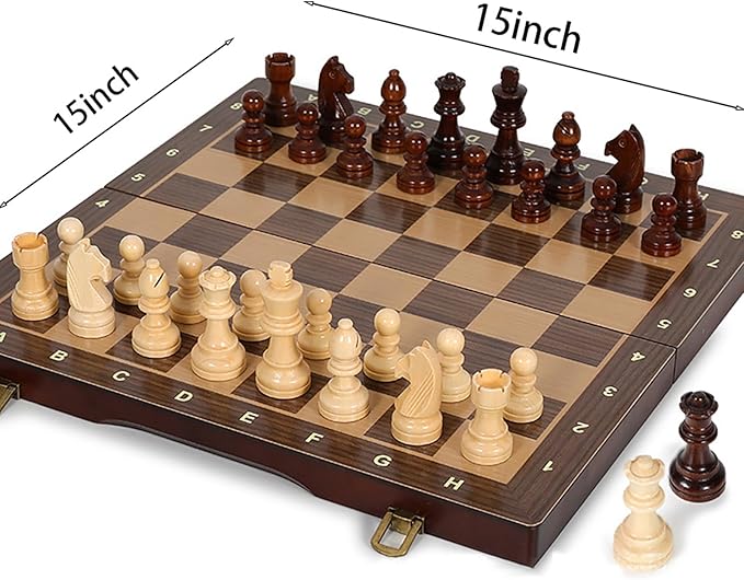 15-Inch Magnetic Wooden Chess Set with 2 Extra Queens – Handcrafted Foldable Board Game for Adults Beginners