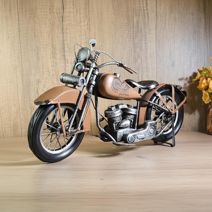 Vintage Metal Motorcycle Sculpture - Handmade Industrial Iron Motorbike Model Art - Retro Copper Desk Decor for Office and Home - Unique Collectible Gift for Men Dads and Biker Enthusiasts