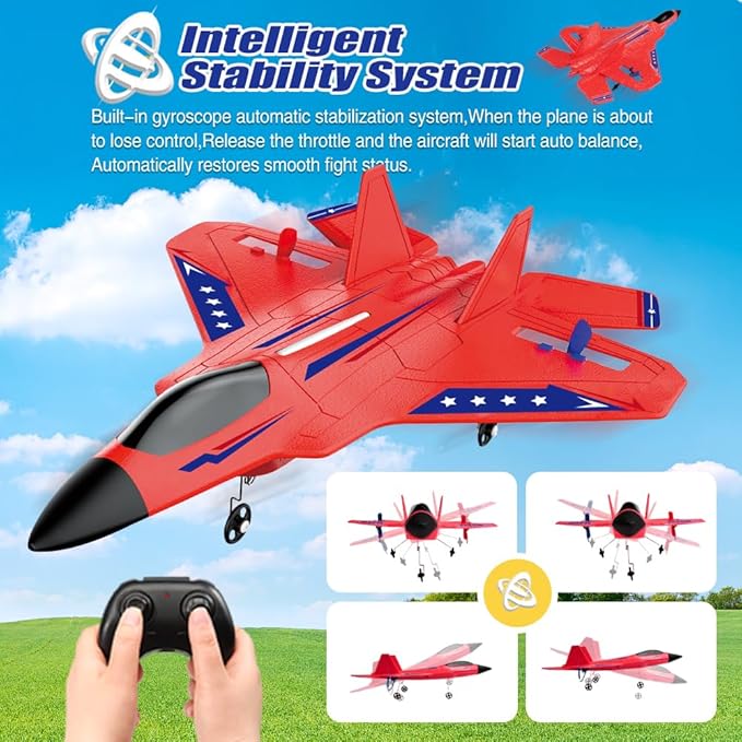 Fremego F-22 Raptor RC Plane 2.4GHz RC Airplane Fighter Toy Ready to Fly Remote Control Airplane Easy to Fly RC Glider Sports for Kids &amp Beginners (Red)