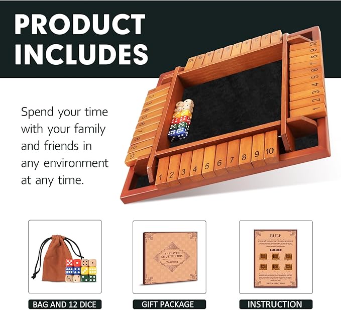 Upgraded 1-4 Players Shut The Box Dice Game Wooden Board Table Family Game for Kids and Adults with 12 Dice Classic Tabletop Math Game for Pub Classroom Party Gift for Christmas Birthday