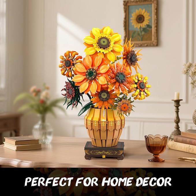 Sunflower Building Set with Lights Vase Base Flowers Botanical Collection Building Block Valentine's Day 1180PCS Art Bouquet Bonsai Plant Building Kit Gift for Adults Teens Girls Boys 12+