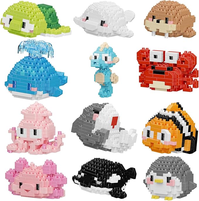 Small Toy GiftParty Favors for Kids12 Boxes Marine Animals Micro Mini Building Blocks Set Birthday Gift for Kids Ages 8-16+