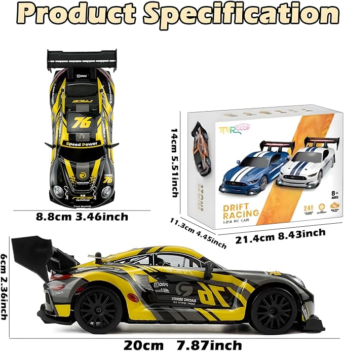 1:24 RC Drift 2.4GHz with LED Light Race Car Toys for Boy Girl 8-12 Years Old Speed Adjustable 25Km/HHigh Speed RC Racing Cars Perfect Toy Gift for Boys &amp Girls (Yellow)