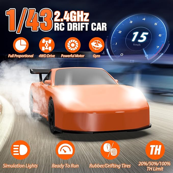 RC Drift car 1/43 Mini Rc Drift car with Gyroscope 2.4GHz Full Proportional Remote control Cars 4WD High Speed Racing with Lights Racing Tires Model Cars Gift for Adults Kids Boys Girls