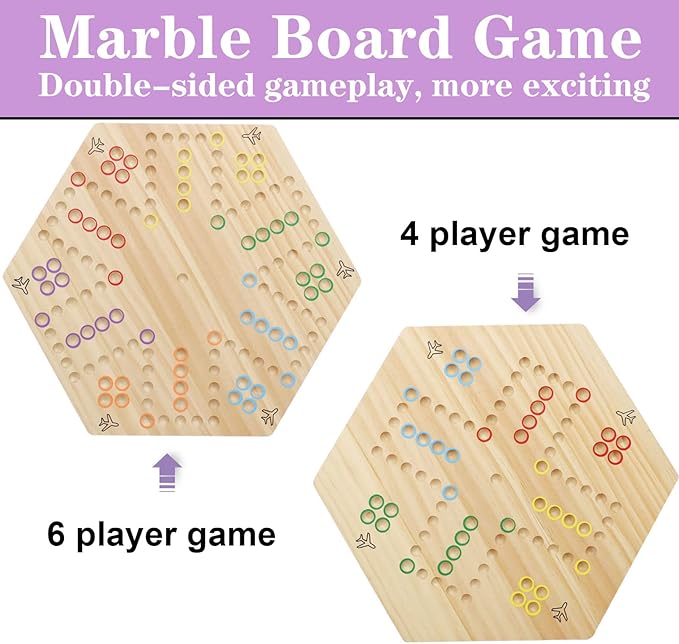 HOROW Wahoo Board Game Wooden Original Board Game Classic 2 Side Painted Fast Track Game for 4 Player and 6 Player with 30 Marbles6 Dices for Family Game Night(6largeLog)
