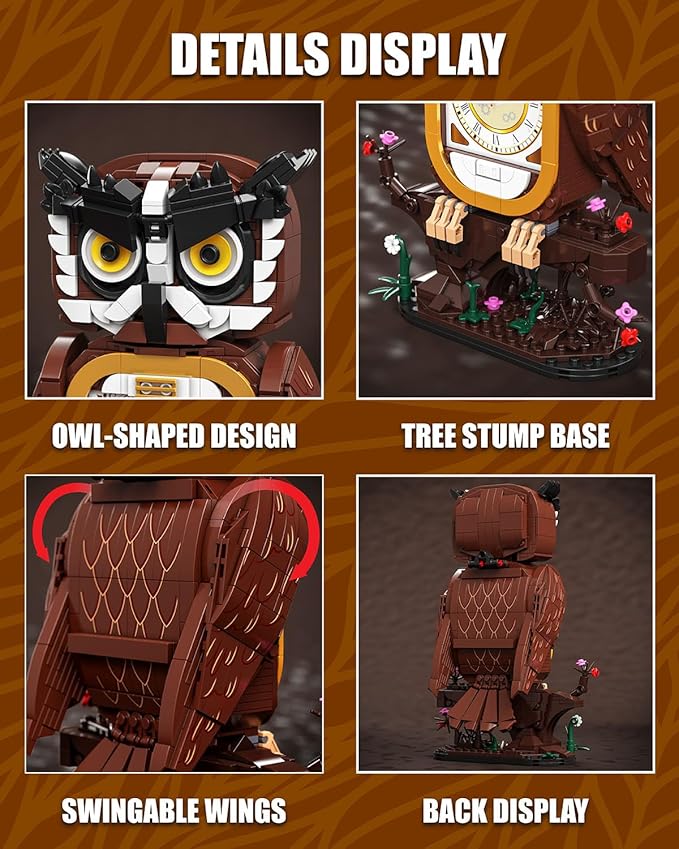 Owl Clock Building Blocks Set STEM Building Toys with Functional Clock Collectible Bird Display Model for Home Decor Christmas Birthday Gift for Adults &amp Boys 8-14 (964Pcs)