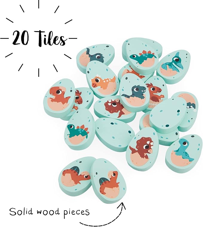 Janod Dino - Dinosaur Memory Game - 20 Wooden Dino Eggs with 10 Prehistoric Pairs - Cooperative or Competitive Early Learning Game - Ages 2-5 Years - J05826