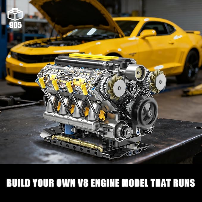 V8 Engine Model Kit That Runs Visible Mini Car Motor Building Blocks Set for Adults Compatible with Lego STEM Physical Science Educational Toy for Teens Boys 14+ (905 PCS)