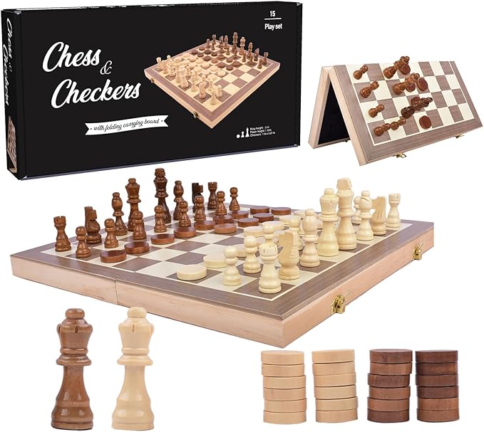 Wooden Magnetic Chess Set 15 – Foldable Board with Storage &amp Checkers Classic Family Game for Kids &amp Adults Perfect for Travel and Gifting