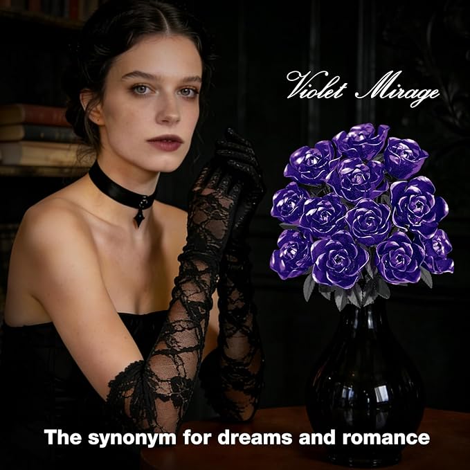 Rose Rotating Everlasting Flower Building Set (866PCS) Compatible Artificial Bouquet Elegant Home/Office Decor Accent for Tabletop Display Long-Lasting Home Decoration (Purple)