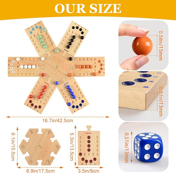 Deeper Holes &amp Larger Marbles Original Wooden Marble Board Game Portable for 2-6 Players Wahoo Game with 36 Marbles &amp 12 Dice for Family Friends Party Travel and Camping