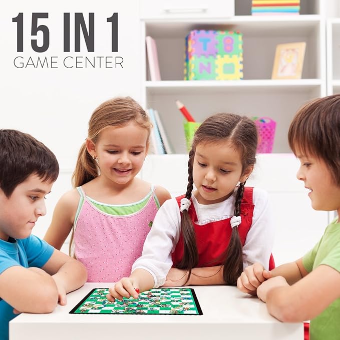 Board Game Set - Deluxe 15 in 1 Tabletop Wood-accented Game Center with Storage Drawer (Checkers Chess Chinese Checkers Parcheesi TicTacToe SOlitaire Snakes and Ladders Mancala Backgammon Pok