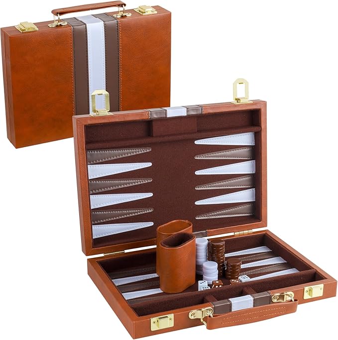 Backgammon Set 2 Players Classic Backgammon Sets for Adults Board Game with PU Leather Case Portable and Travel Backgammon Set (Brown 11inch)