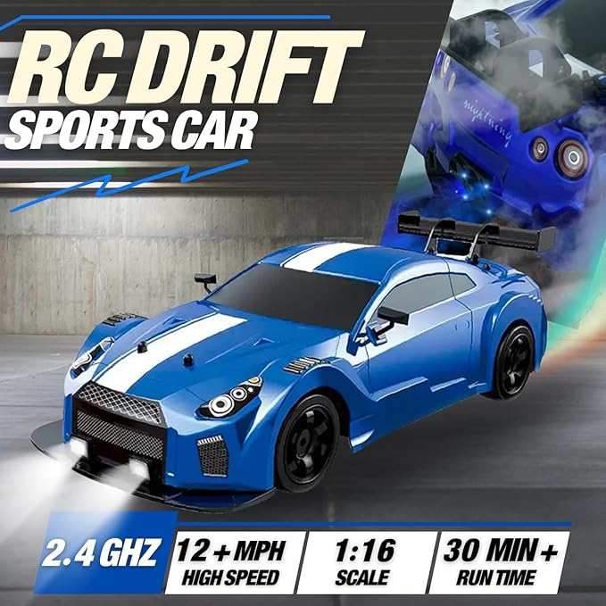 Liberty Imports RC Drift Car 1/16 2.4GHz 4WD Remote Control Sport Racing On-Road Vehicle with LED Light Batteries and Drift Tires (Blue)