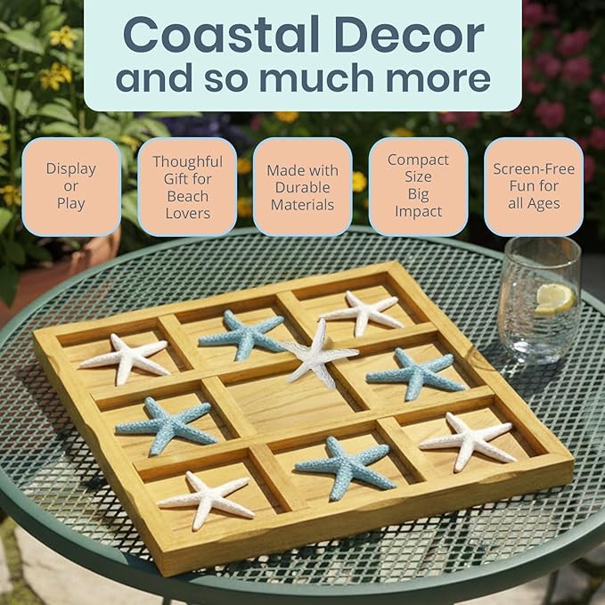 Tic-Tac-Toe Beach Decor | 9 x 9 | Perfect for Beach Décor | Plus Free Nautical eBook by Joseph Rains (Blue &amp White Starfish)
