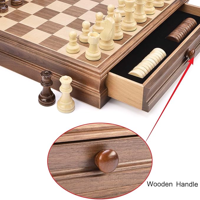 AMEROUS 15 x 15 Wooden Chess &amp Checkers Set with Built-in Storage Drawers/Weighted Chess Pieces / 2 Bonus Extra Queens / 24 Cherkers Pieces/Classic 2in1 Board Games for Kids Adults
