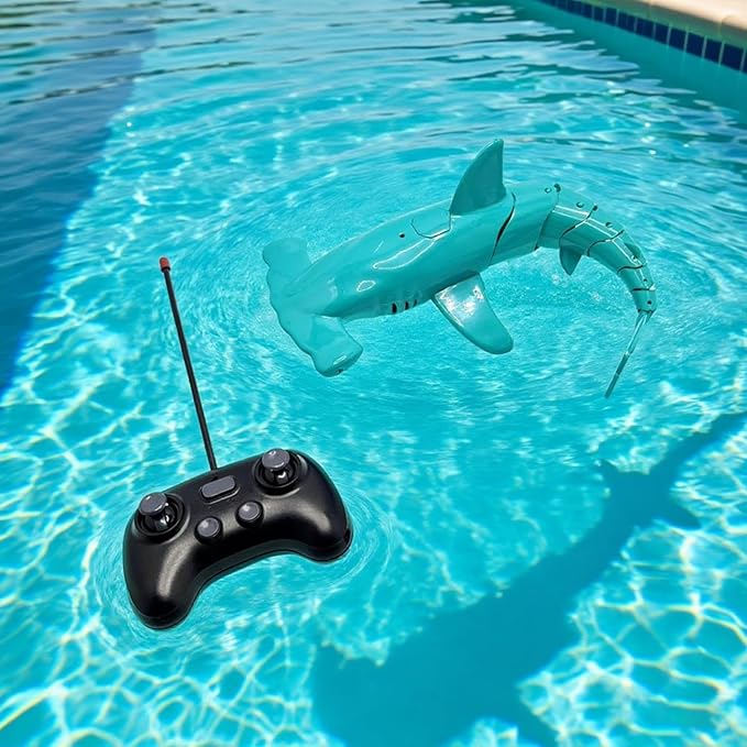 Beach and Summer Pool Remote Control Shark Boat Bath Toy RC Submarine Robo Shark Model Realistic Wiggle-Tail Electric Fish Hammerhead and Dusky Sharks (Cyan)