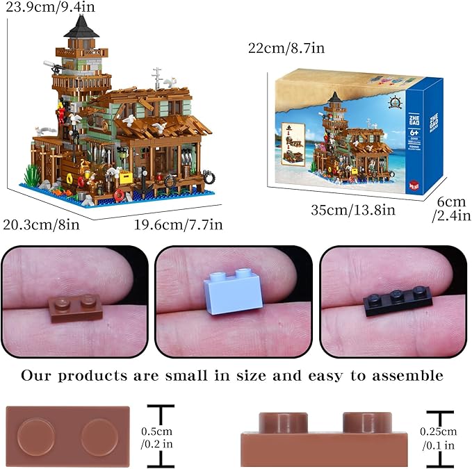1881PCS Fishing Village Wood Cabin mini Building Blocks Toys with Led LightingCreative Ideals Fishing House Building Sets Best Choice for 6+ Boys Girls or Adults(Not Compatible with Lego)