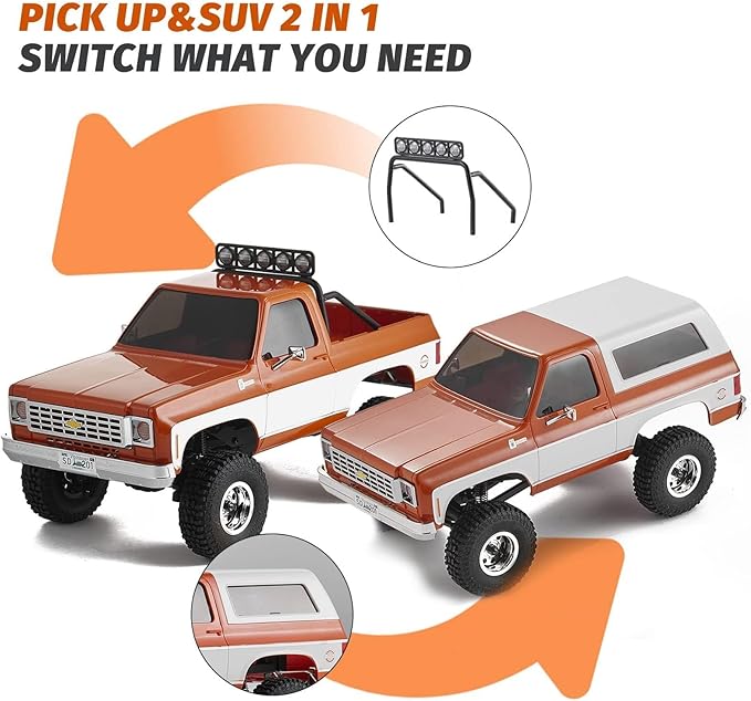 FCX24 FMS 1/24 K5 Chevy Blazer RC Crawler Officially Licensed Mini RC Car Pick Up Truck &amp SUV 2 in 1 4WD 8km/h 2 Speeds Switch Off-Road RC Model with LED Lights for Adults (Orange)