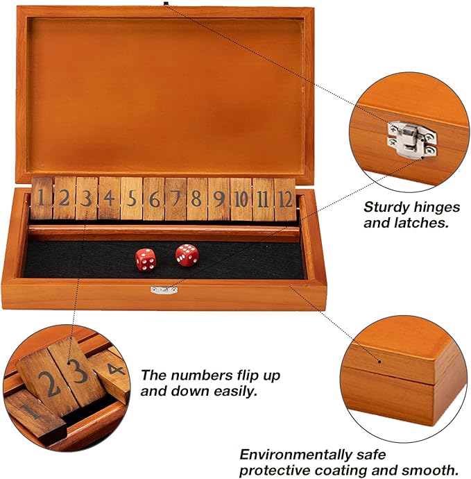 Shut The Box Dice Game with 12 Numbers and Lid Wooden Classic Board Game with 4 Dice Gift Package &amp Game Rules Close The Box Game for Kids Adults Family Classroom Home &amp Pub