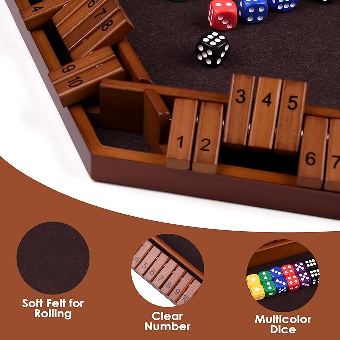 1-6 Players Shut The Box Dice Game 10 Numbers Traditional Wooden Pub Bar Board Gam for Classroom Party or Pub