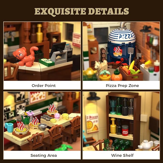 City Street Pizza Restaurant Building Set with Light 1098PCS Pizzeria House Architecture Model with Retro Pizza Van Home Decor Construction Building Block Gift for Adults Teens Boys Girls 10+