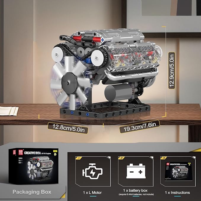 Mould King 10088 V8 Engine Model Kit - 535 Pcs to Build Your Own Mini Engine that Works DIY STEM Mechanic Engineering Construction Set Hobby Building Blocks Kit for Adults