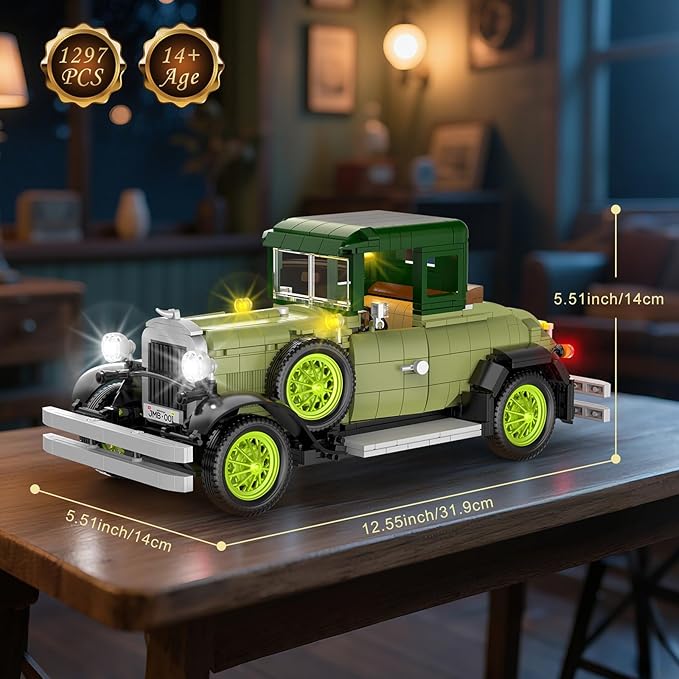 Vintage Classic Car Model Building Set with Light for Adults Boys Girls (1297 PCS) Antique Cars Model Home Office Collection Retro Classic Car Building Toy
