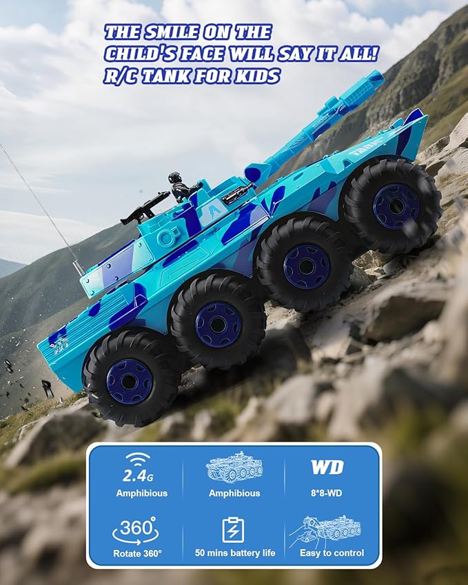 RC Tank Amphibious IFV Remote Control Truck Toy for Kids 5-12 40+ Min Playtime 2.4Ghz Waterproof Off-Road Crawler with Manually Rotating Turret (Blue Camouflage)