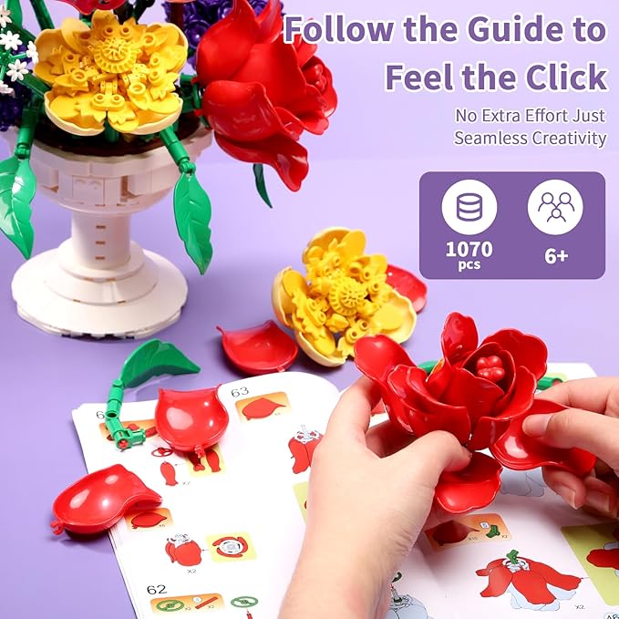 1070Pcs Flower Bouquet Building Set Artificial Fake Flowers Bridal Wedding Building Blocks Botanical Collection DIY Craft for Adults &amp Kids Girlfriend Wife Valentine’s Day Birthday Home Table D