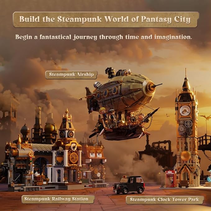 PANTASY Steampunk Airship Model Kit for Adults Dual-Layer Zeppelin with Gear-Driven Mechanical System DIY Building Blocks Set Retro Sci-Fi Construction Toy for Collectors &amp Display