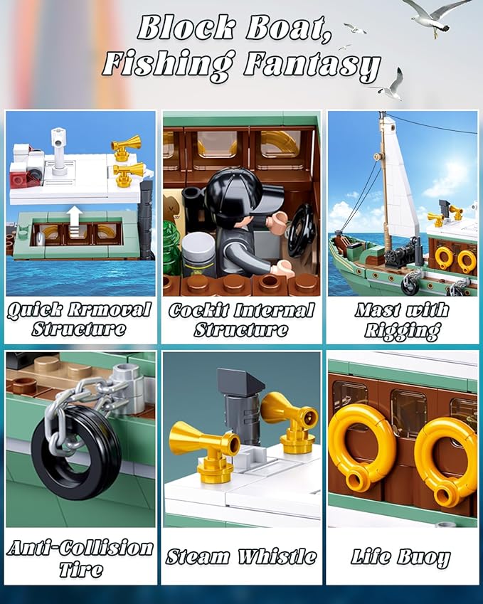 City Fishing Boat Building Kit with 3 Fisherman Minifigures Ship Building Sets with Fishing Rods &amp Buckets Christmas Birthday Gifts Toys for Kids Aged 6-12 Compatible with Lego Boat 610 PCS
