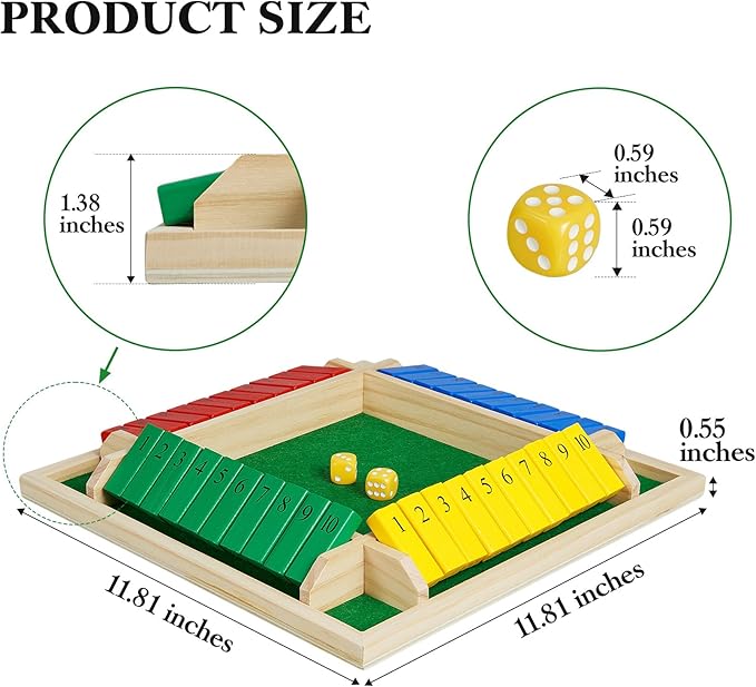 AMEROUS Shut The Box Dice Game-12 inches-Colorful Design-1-4 Players-12 Dice-Gift Package Classic 4 Sided Wooden Board Game for Adults Kids Classics Board Game