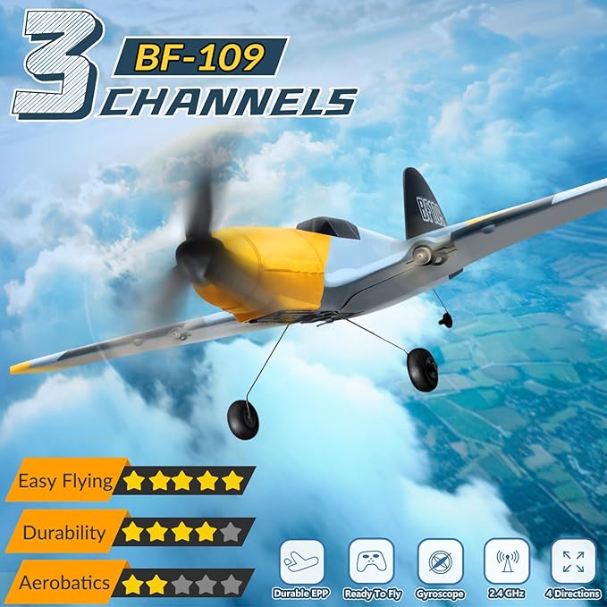 HAWK'S WORK 3 Channel RC Plane BF-109 Remote Control Airplane Ready to Fly 2.4GHz 6-axis Gyro Stabilizer Easy to Fly for Kids &amp Beginners