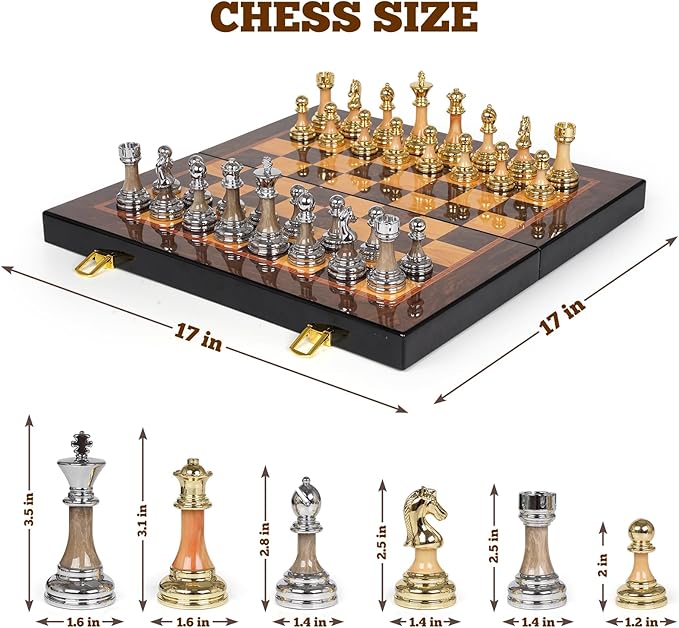 Luxury Large Metal &amp Acrylic Chess Set with Wooden Chess Board (17”) – Weighted Chess Pieces with 3.5” King Foldable Tournament Chess Set for Adults and Kids Professional Chess Game Set