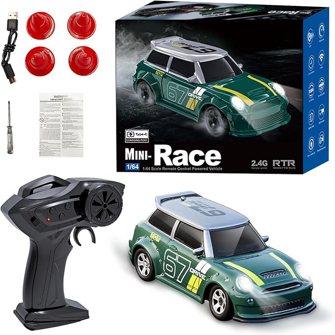 1:64 Scale Mini RC Drift Car 2.4GHz 4WD Desktop RC Drift Car Handheld Racing Mini Vehicle with LED Lights Speed Switching Racing Sport Toy for Adults Teens (Green)