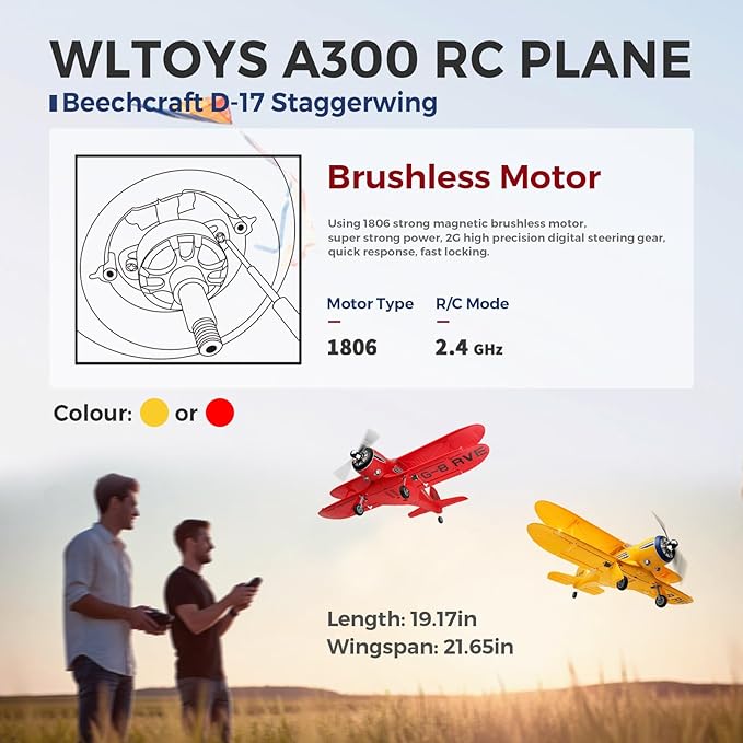 CKYSCHN WLtoys A300 4-Ch RC Plane Beechcraft D-17 RC Airplanes with Lights 6G/3D Brushless RC Planes with 2 Batteries 2.4G Remote Control RC Airplanes Gifts for Adults