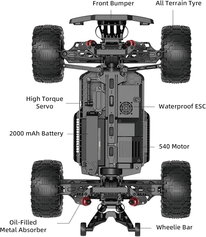1/10 Remote Control Car 38km/h High Speed RC Car 4X4 Off-Road RC Truck IPX4 Waterproof Remote Control Truck Two 2000mAh Li-Po Batteries 2.4GHz RC Buggy for Teenagers and Adults