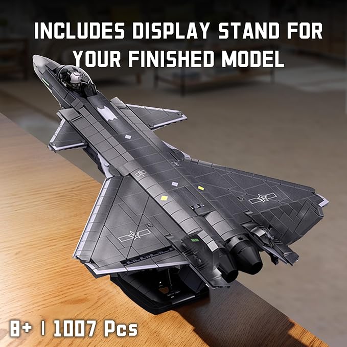 Chengdu J-20 Stealth Air Superiority Fighter Mighty Dragon Building Toy - Military Army Set with Display Stand Includes 1 Toy Soldier - 1:44 Scale 1007 PCS