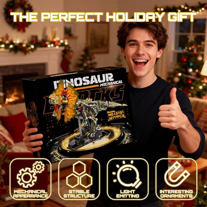 1277 Pcs Mechanical Dilophosaurus Building Blocks Set Steampunk Dinosaur Model with LED Eyes and Manual Linkage Robot STEM Display Gift for Adults&amp Teens