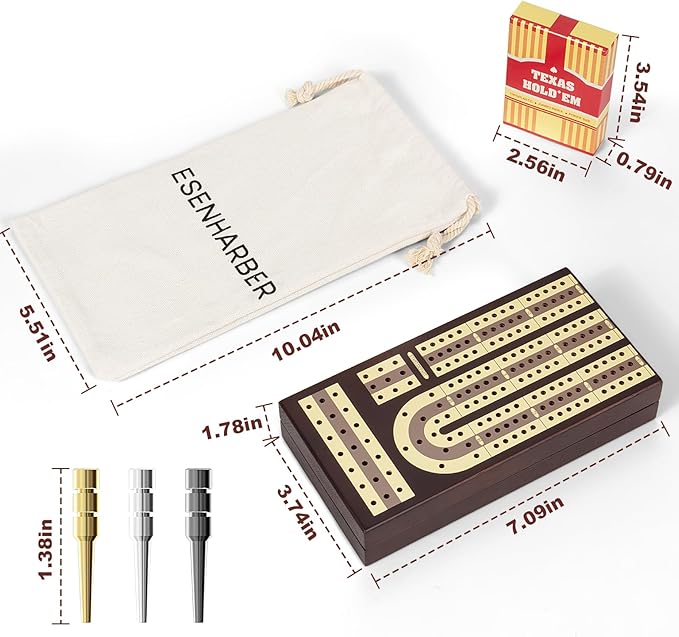 Foldable Wooden Cribbage Board Set - Elegant 3-Track Design with Magnetic Closure 9 Metal Pegs Full Deck of Cards Perfect for Family Game Nights and Travel