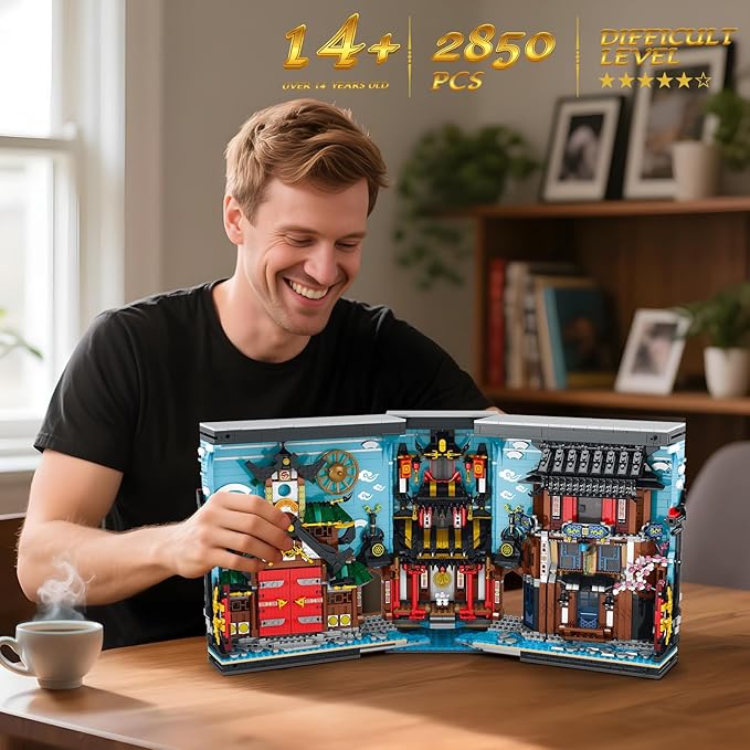 Reobrix Ninja-Themed Bookend Building Set with LED Lights - 2850PCS Book Nook Model Kit Bookshelf Decor for Adults 14+ STEM Gift for Anime Fans（66029）