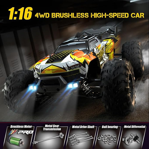 1/16 Brushless Fast RC Car for Adults Top Speed 43mph Electric Off-Road RC Monster Trucks 4X4 Remote Control High Speed RC Car for Hobby Toy Gifts (Orange)
