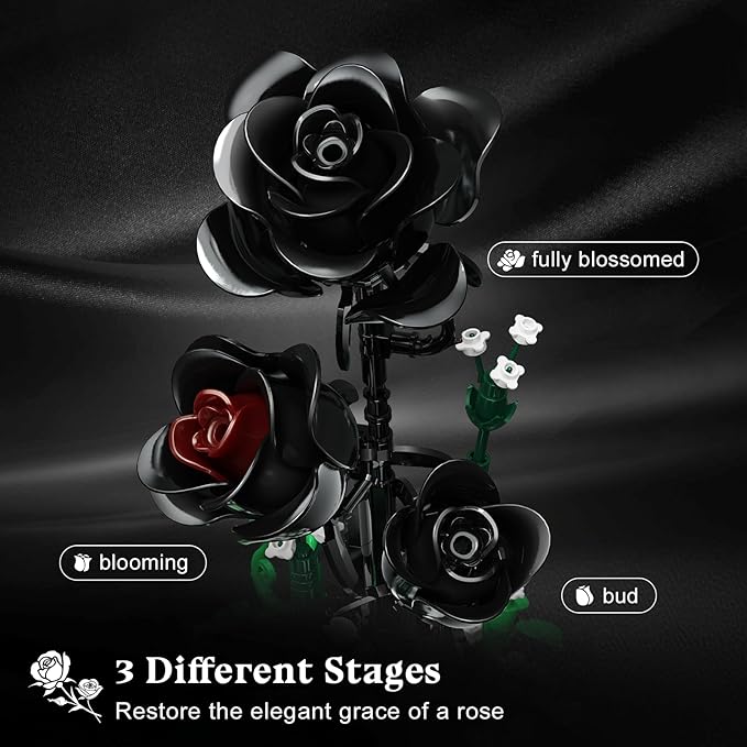 Flower Building Set with LED Light - 232 PCS Black Rose Building Blocks Kit with Dust Cover Easter Day Gift for Her Grilfriend Wife 3.6MM Flower Botanical Collection Block Toy Home Decor