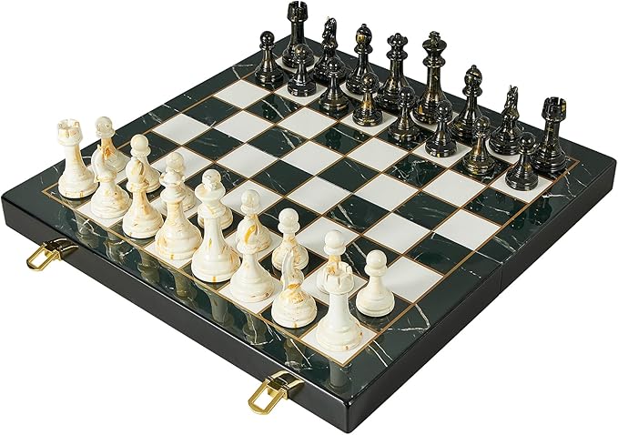 15 Large Chess Set for Adults with Extra 2 Queens Weighted Acrylic Pieces-3.5 King w/Leather Base Portable Folding Marbling Wooden Chess Board - Travel/Family Game &amp Elegant Gift
