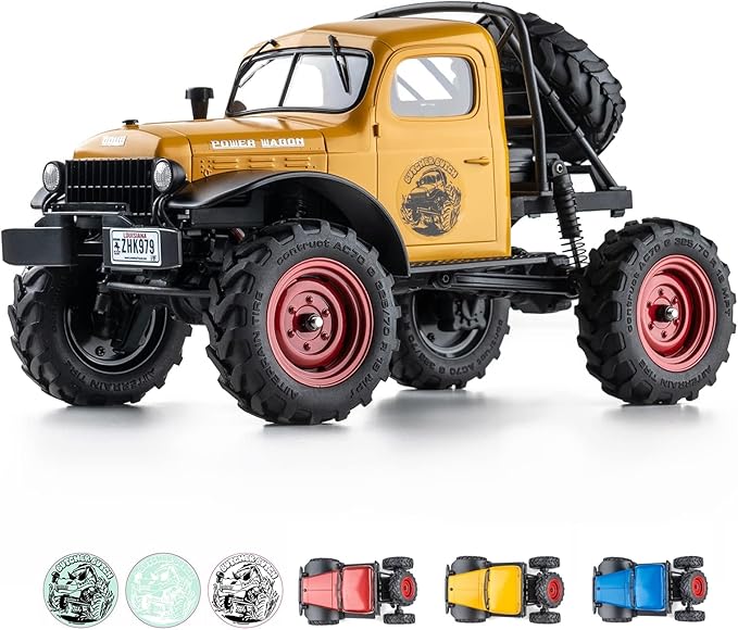 FCX24 RC Crawler 1/24 Remote Control Car Power Wagon 4WD RC Crawler Two-Speed Shift RC Rock Crawler 8Km/h with Portal Axle Metal Gears for Adults (Yellow)