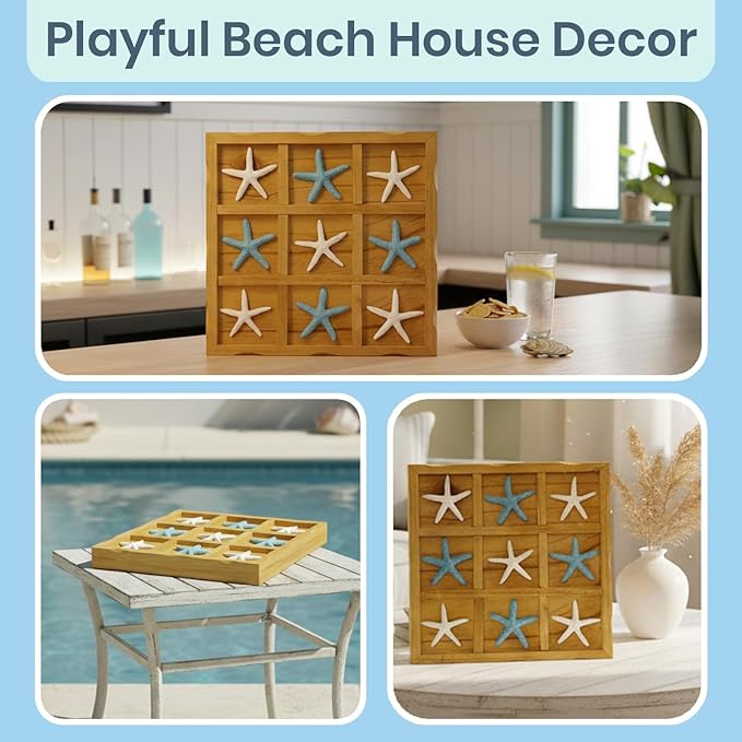 Tic-Tac-Toe Beach Decor | 9 x 9 | Perfect for Beach Décor | Plus Free Nautical eBook by Joseph Rains (Blue &amp White Starfish)
